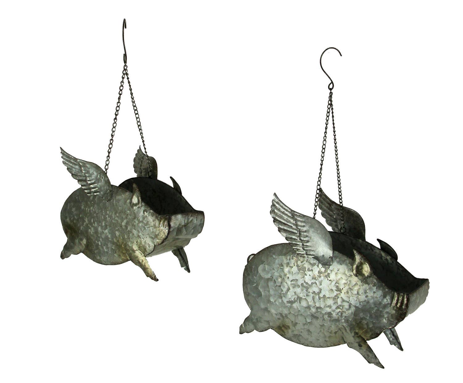 Zeckos - Wholesale Plant Pot - Set of 2 Distressed Metal Flying Pig Hanging Planters