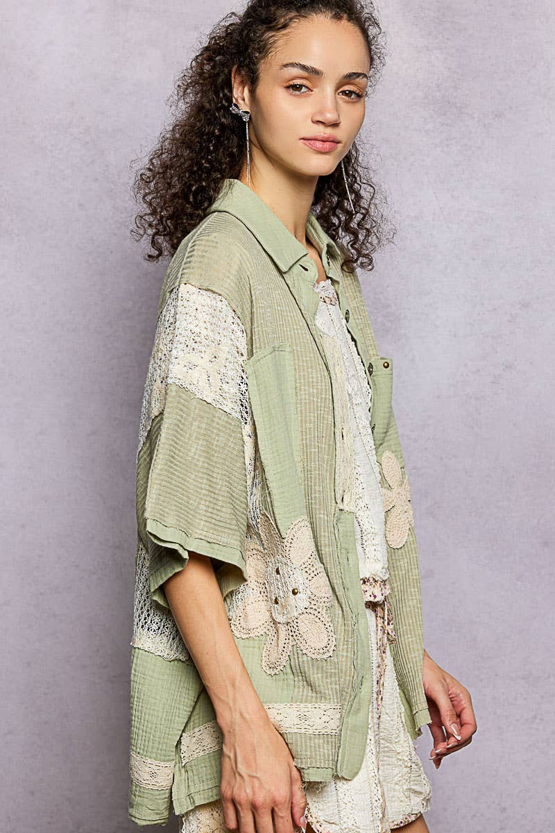 Pol Clothing - Wholesale Button Down Shirt - Women's - Collared Studded Button-down Short Sleeve Knit Shirt Top6