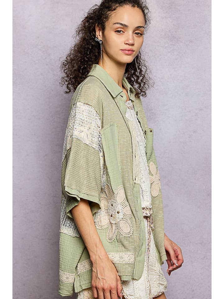 Pol Clothing - Wholesale Button Down Shirt - Women's - Collared Studded Button-down Short Sleeve Knit Shirt Top6