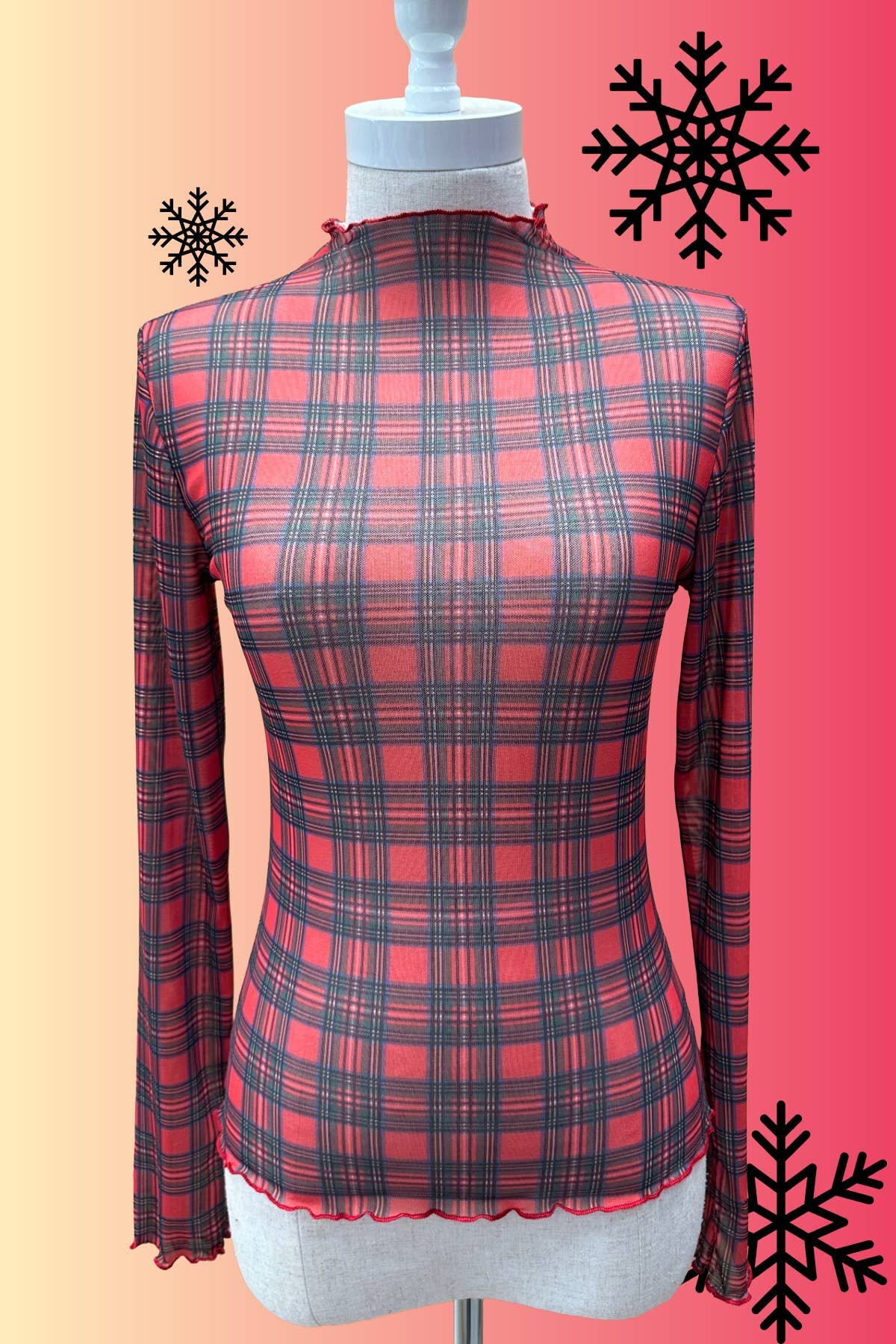 Imprimir T1509-6671-Top de Cuello Alto de Malla con Estampado de Feliz Navidad de venta al por mayor en Faire2