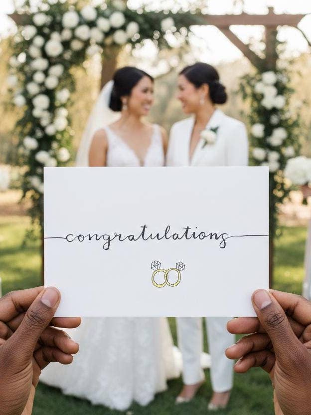 Carte de mariage queer/lesbienne, aquarelle, deux mariées pour la vente par Modern Affection Prints