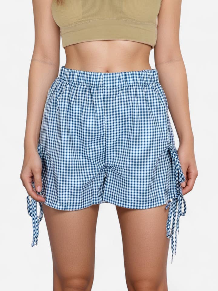 Gingham Lounge Shorts with Elastic Waistband Adjustable Side for wholesale by Anna Kaci Wholesale