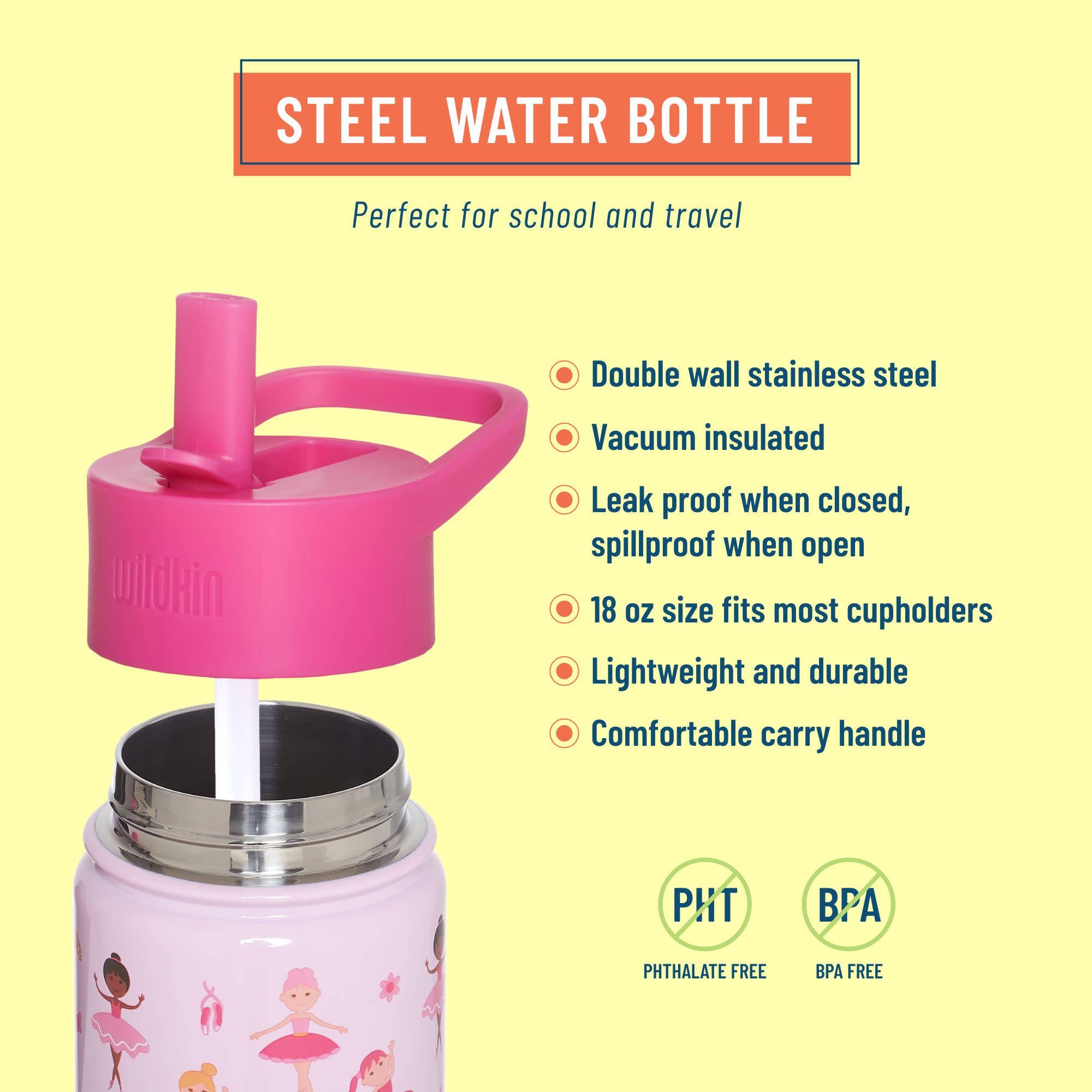 Wildkin - Wholesale Water Bottle - Ballerina 18 oz Steel Water Bottle1