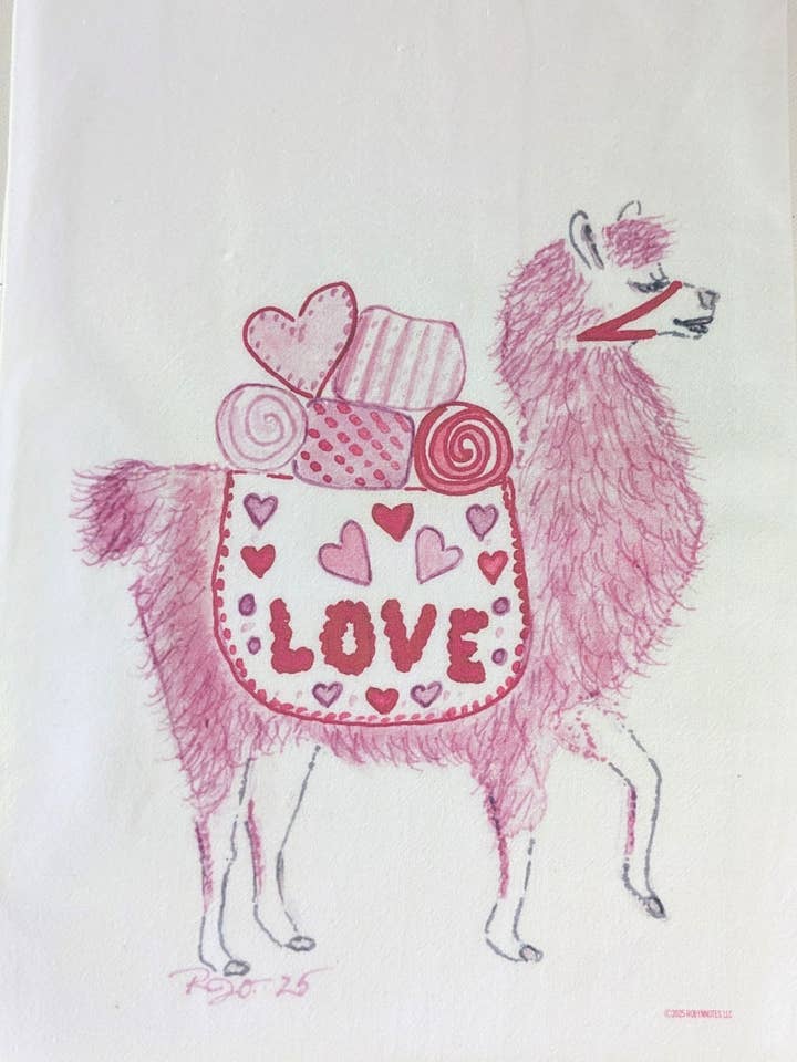 Love Pink Llama Tea Towel for wholesale by Robynnotes, LLC