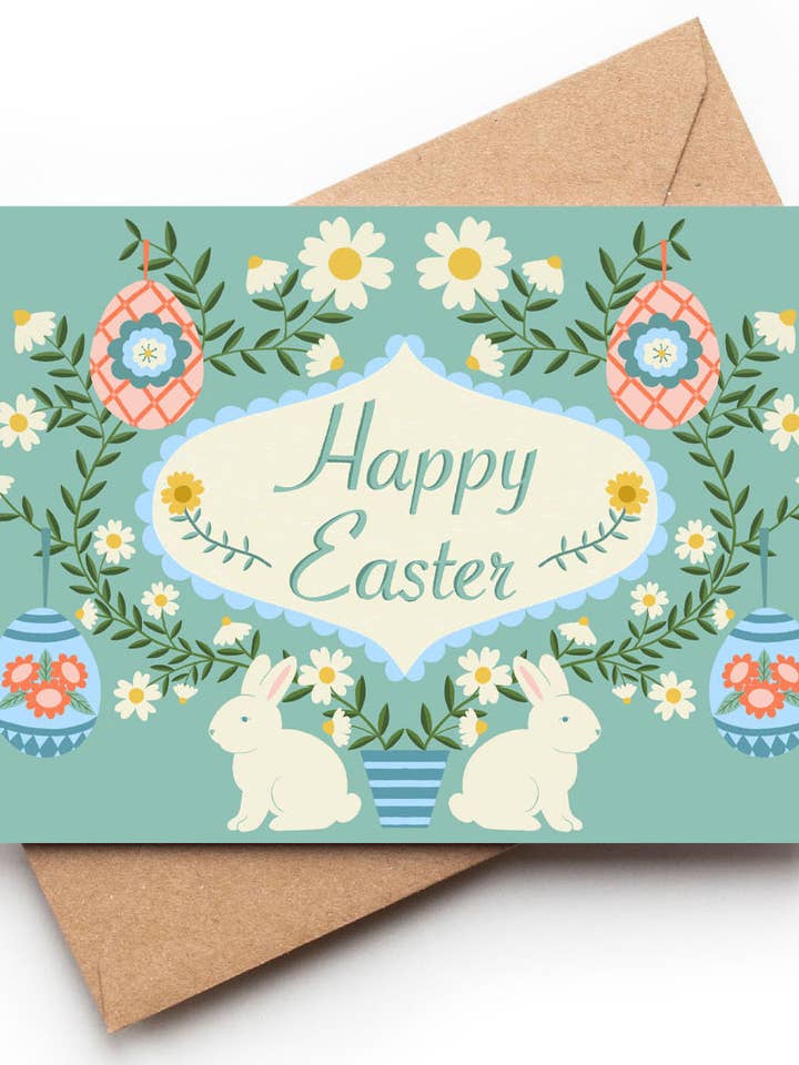 Easter Bunny Card / Pastels Folk Inspired A6 Card for wholesale by Su Owen