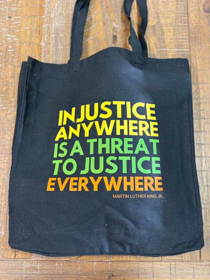 Injustice Anywhere is a Threat to Justice Everywhere MLK Tote Bag for wholesale by Hands Producing Hope