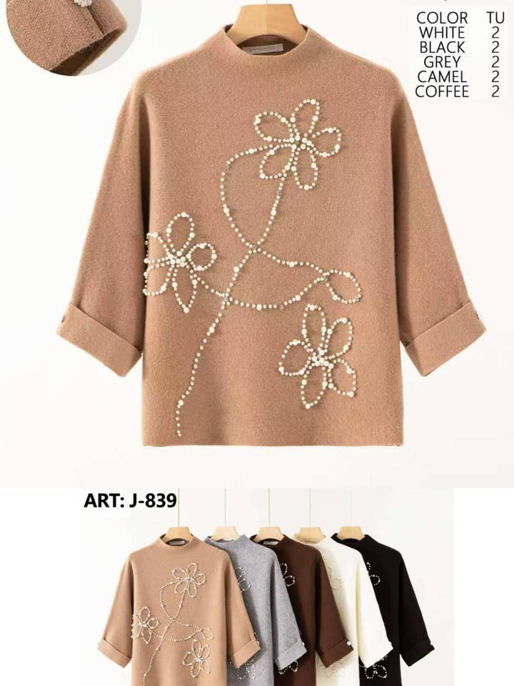 Maglia a Collo Alto con Perle e Fiori Decorativi per la vendita all'ingrosso da parte di Kurt Muller