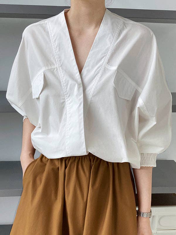 UZ Wholesale Store - Wholesale Button Down Shirt - Women's - Trendy Batwing Sleeves Solid Color V-Neck Blouses5