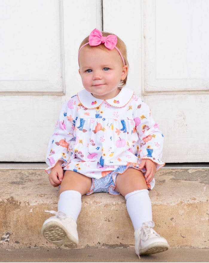 Marco and Lizzy – Romper - Crianças por atacado – Conjunto de pima com estampa de abóbora e xadrez de outono com estampa de abóbora e xadrez3