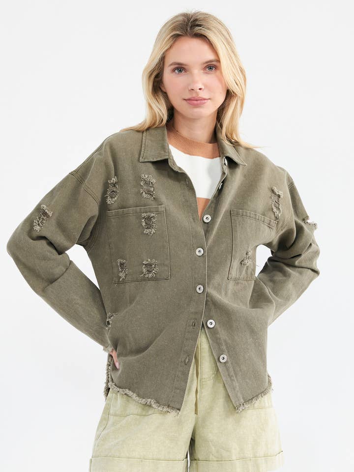60057 OLIVE- WASHED DENIM JACKET for wholesale by Newbury Kustom