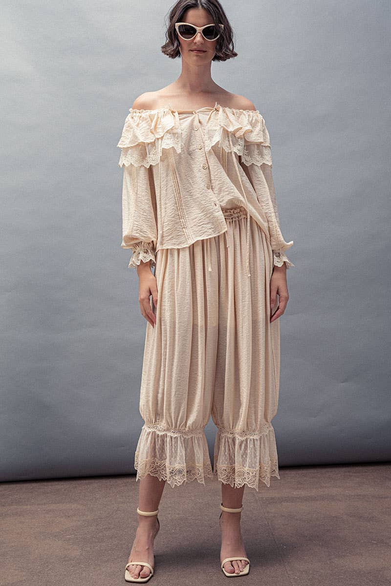 Urban Daizy - Wholesale Blouse - Women's - Lace Trim Ruffle Tie Neck Spring Blouse Top23