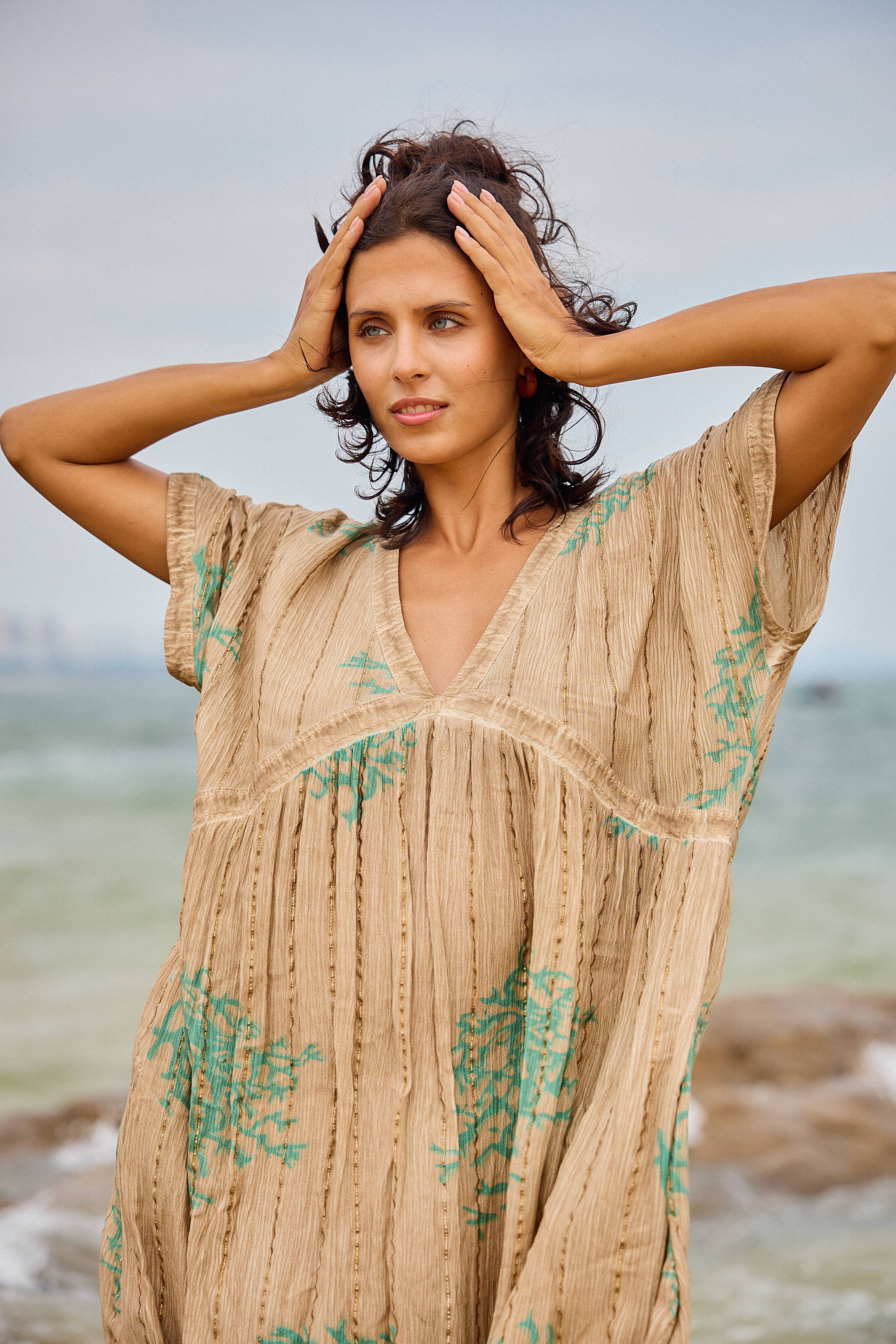 Beige Coral print mid-length dress, washed style with Lurex for wholesale on Faire1