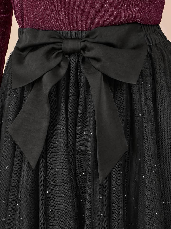 Yumi Black Sparkle Mesh Tulle Skirt With Satin Bow for wholesale by Yumi