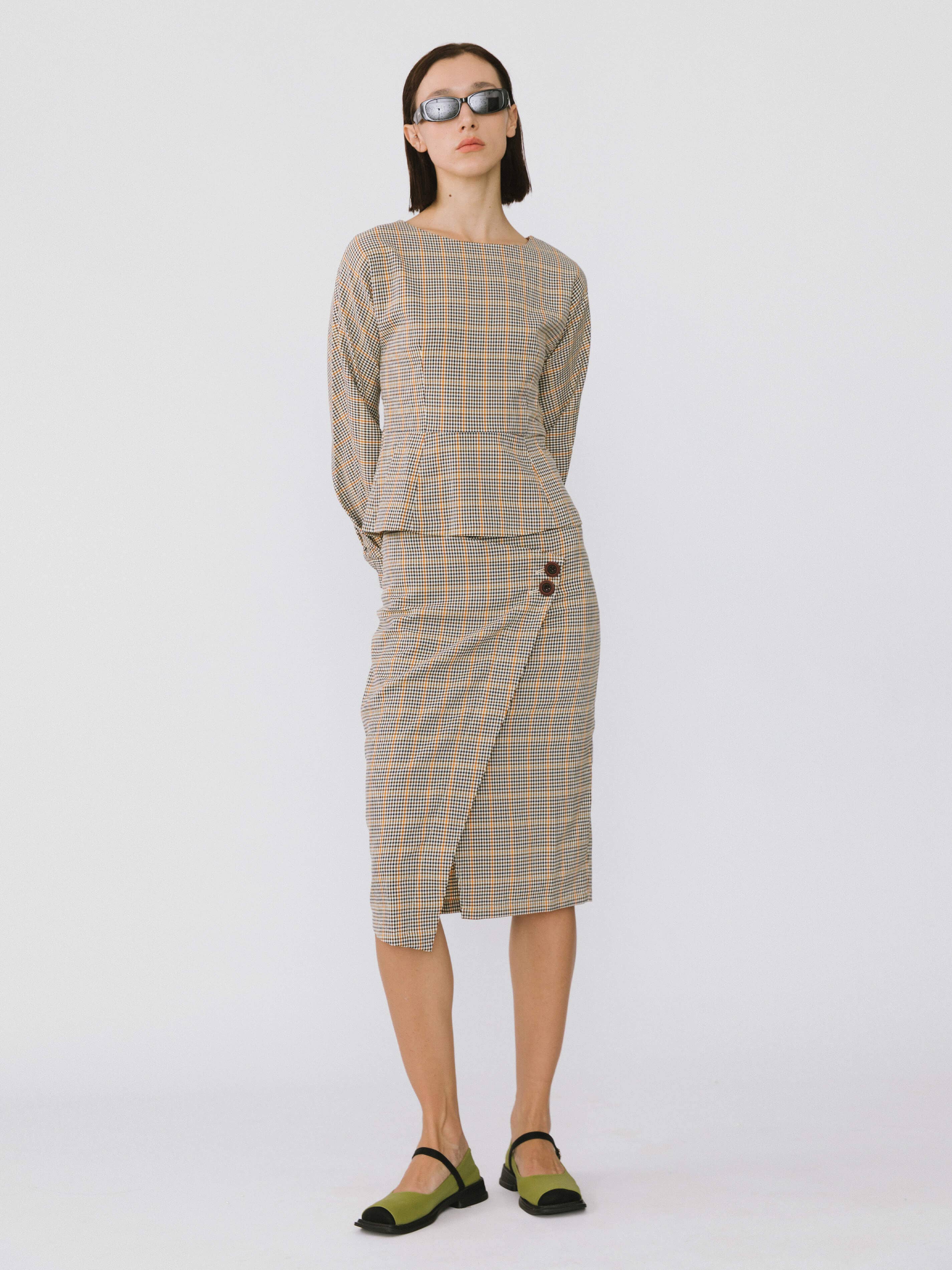 Khaki Wide Neck Plaid Shirt for wholesale on Faire3