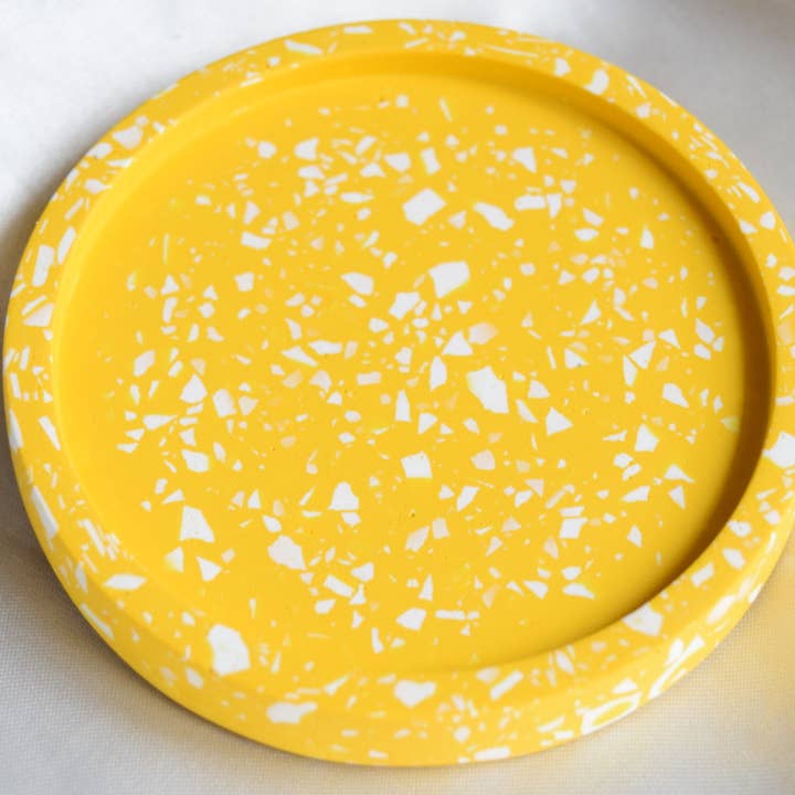 Bright Yellow Jesmonite Coaster With White Terrazzo | Daisy for wholesale by Fox and Bunny Rise