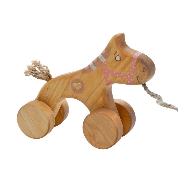 Handcrafted Birch Wood Pink Horse Pull Toy for wholesale by Friendly Toys