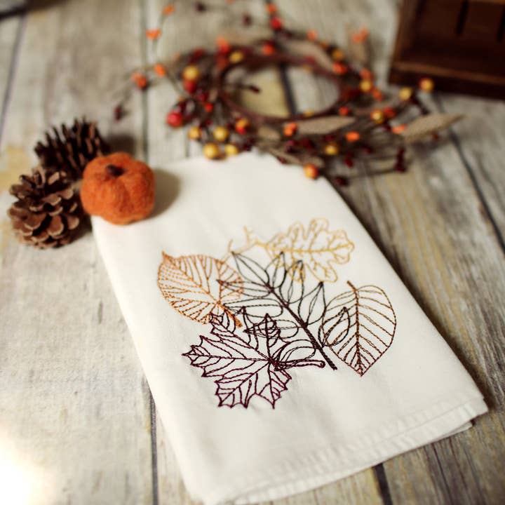 Fall Autumn Leaves Tea Towel - Embroidered Floursack Towel for wholesale by SewMuchMoreStore