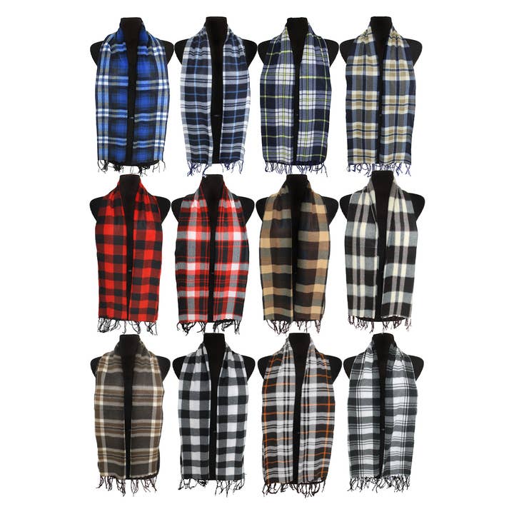 Cap Zone - Wholesale Scarf - Women's - Plaid Soft Fleece Fringe Trim Oblong Wrap Scarf