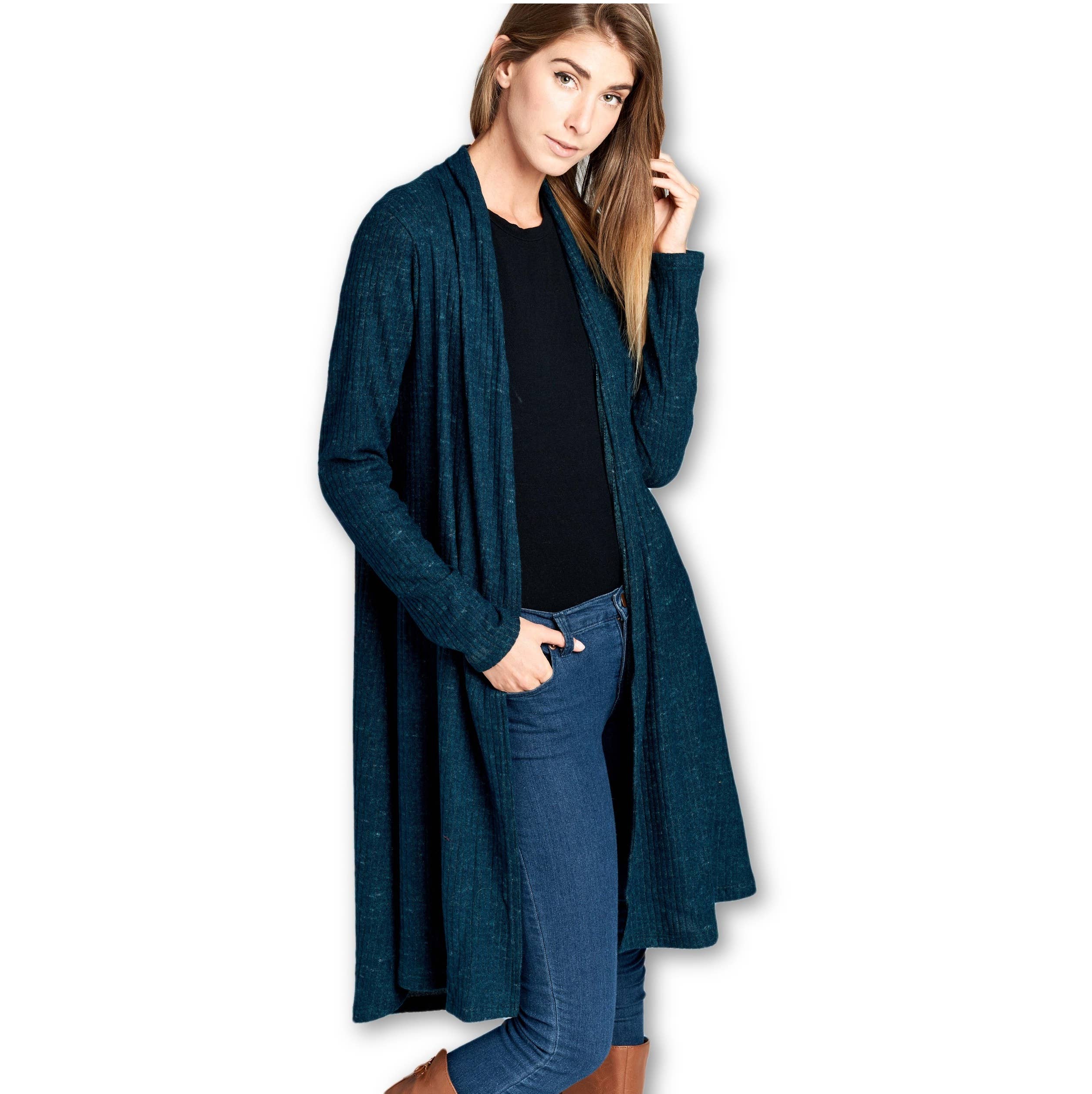 LKLUV - Wholesale Cardigan - Women's - Made in USA-Open Front Knit Long Sleeve Rib Sweater Cardigan0