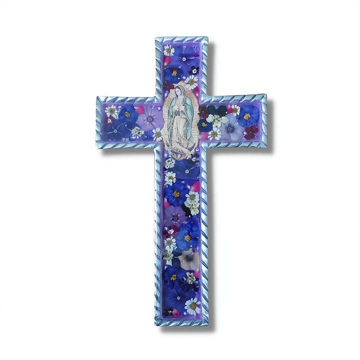 Our Lady of Guadalupe Baroque Wall Large Cross w/ Pressed Flowers 8.5" for wholesale by Guadalupe Gifts