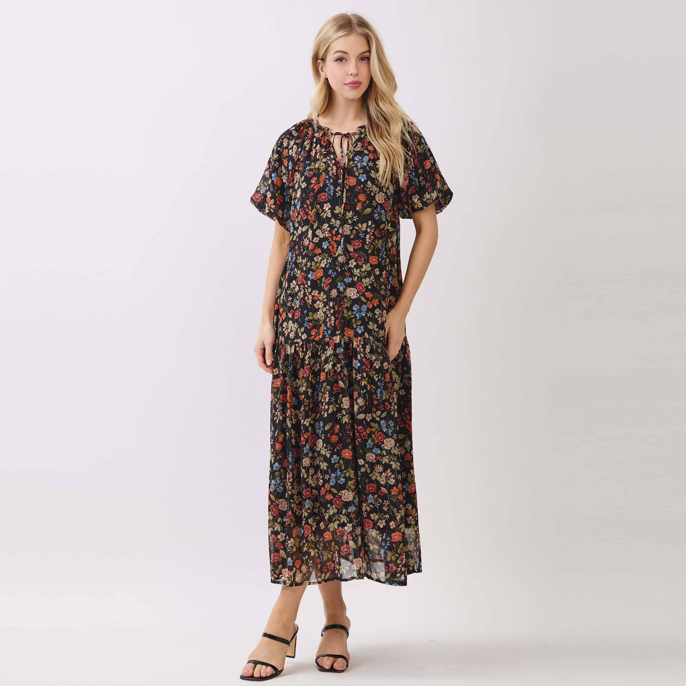 Calista - Wholesale Dress - Women's - BALLOON SLEEVE TIERED MIDI DRESS - VJD429069