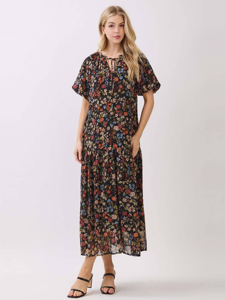 BALLOON SLEEVE TIERED MIDI DRESS - VJD42906 for wholesale by Calista