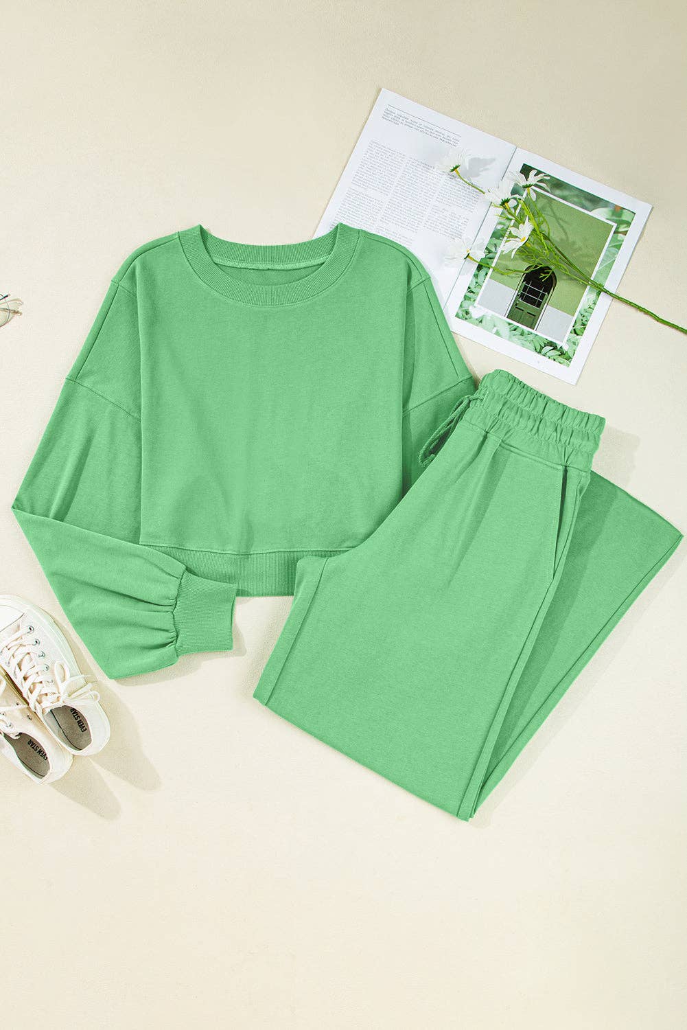 Bright Green Drop Shoulder Crop Pullover Drawstring Wide Leg Pants Set for wholesale on Faire2