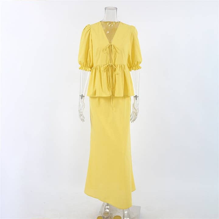 Yellow Solid Color Bubble Sleeve Top Skirt Set for wholesale on Faire5