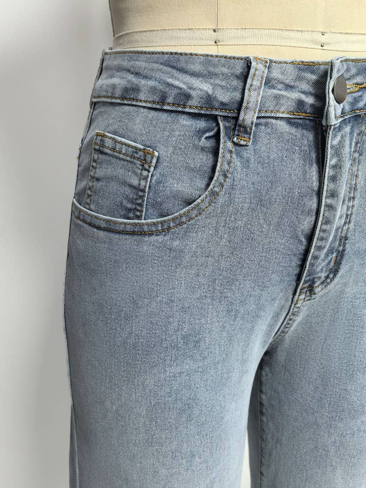 Blue Women High-Waisted Wide-Leg Jeans with Pink Bow Embroidery for wholesale on Faire6