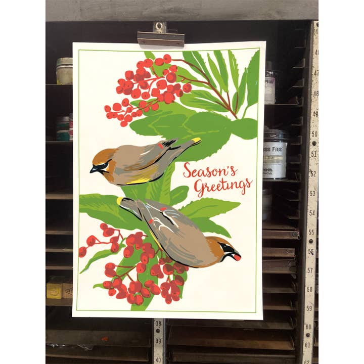 Rigel Paper - Vente Affiche d'art - RHO-94 Cedar Waxwing & Toyon - Season's Greetings Art Print2