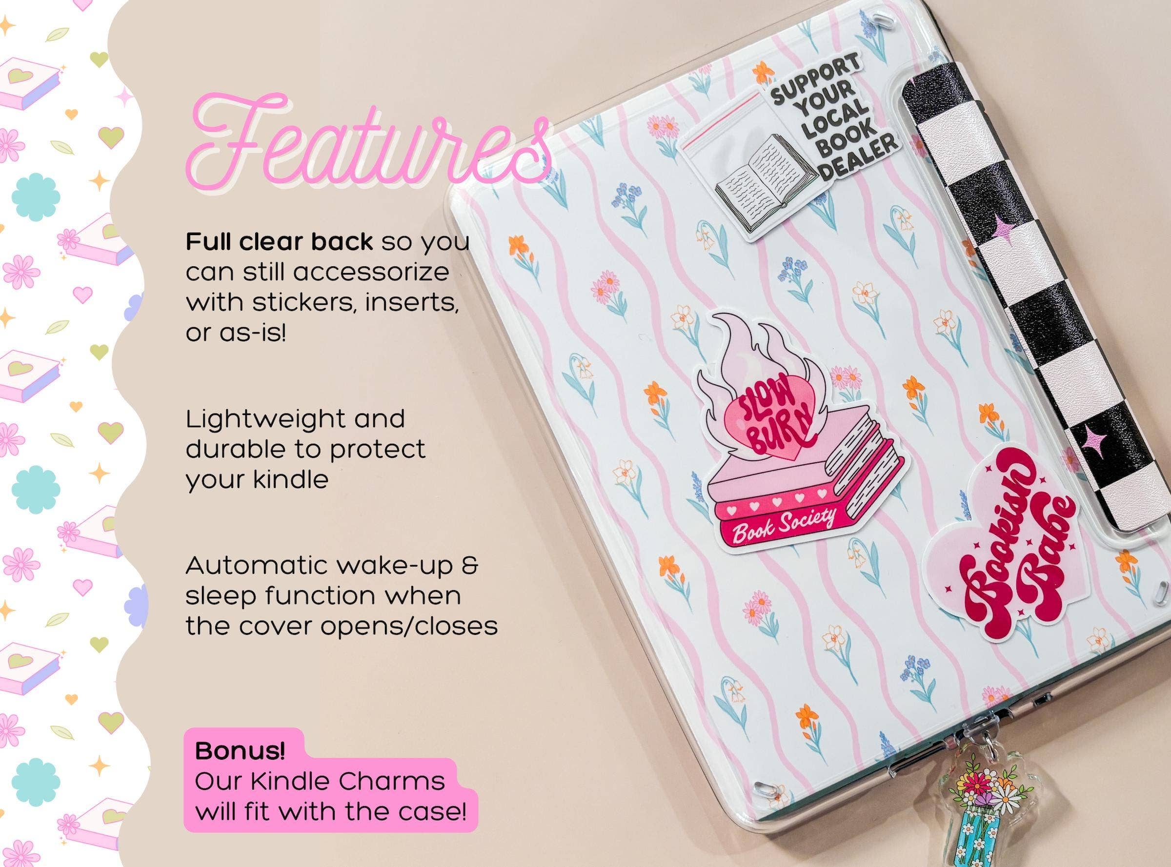 Market by Mari - Vente Couvertures de livre - Étui Kindle à fleurs à carreaux3