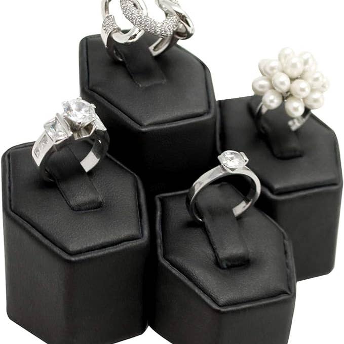 4-Piece Ring Display Riser Set Leather Black Jewelry for wholesale by Zakka