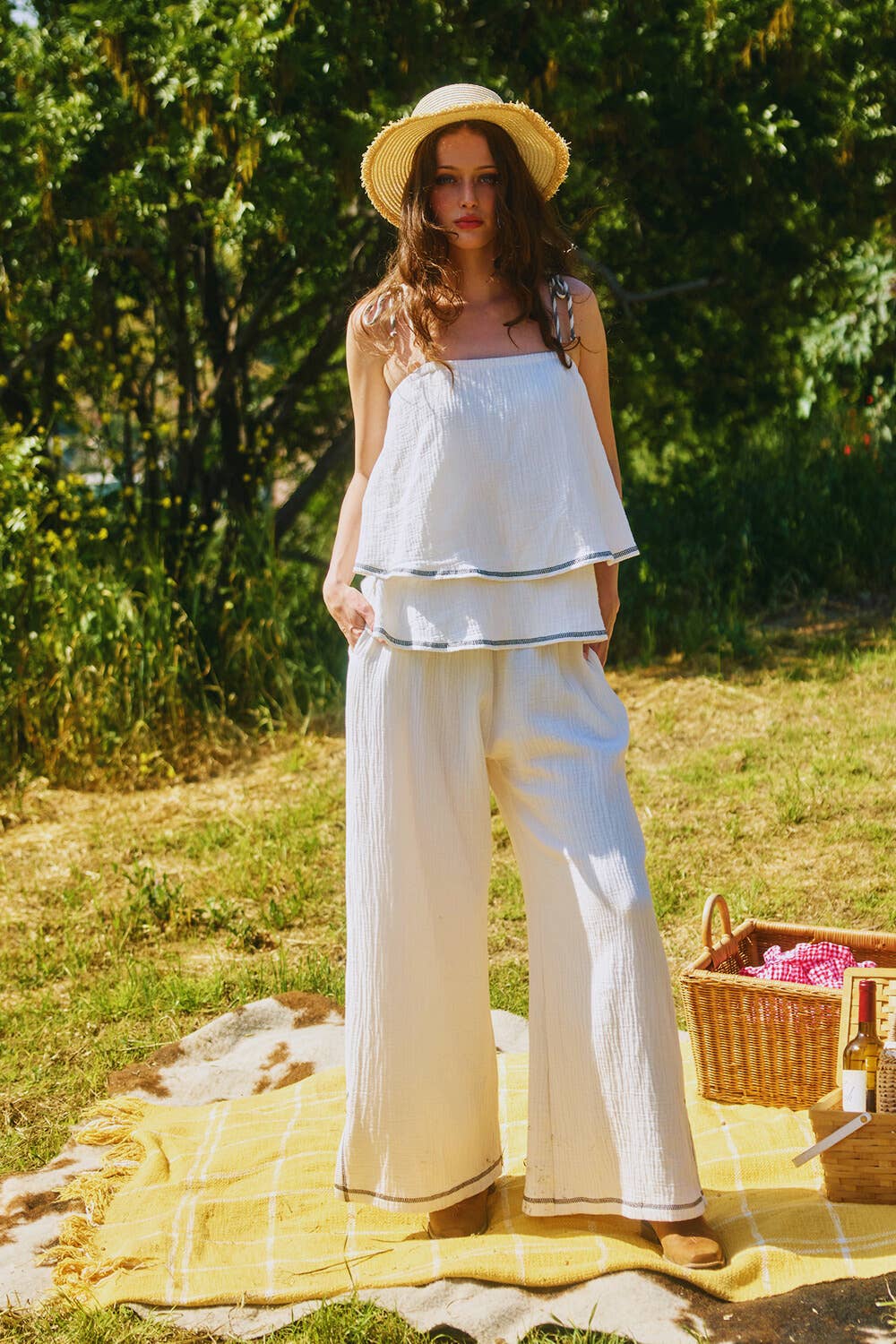 IVORY BLACK T2665  Shoulder Tie Cotton Gauze Tiered Top for wholesale on Faire1