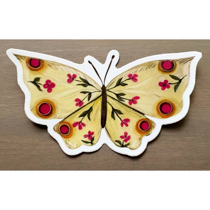 Butter Yellow Floral Butterfly Sticker, Waterproof Vinyl for wholesale by Maryellen Kim Art And Design