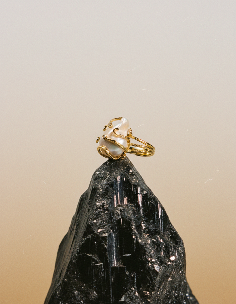 PHOEBE´S – wholesale Cocktail/Statement Ring – Justerbar ring med naturlig barockpärla – Organisk elegans i 18K guld1