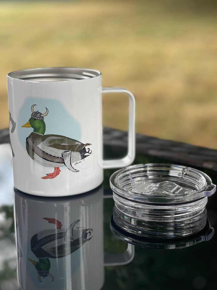 Viking Mallard Duck Camp Mug – 12 oz Aluminum Camping Mug with Splash-Proof Lid for wholesale by Color Crumbs Club