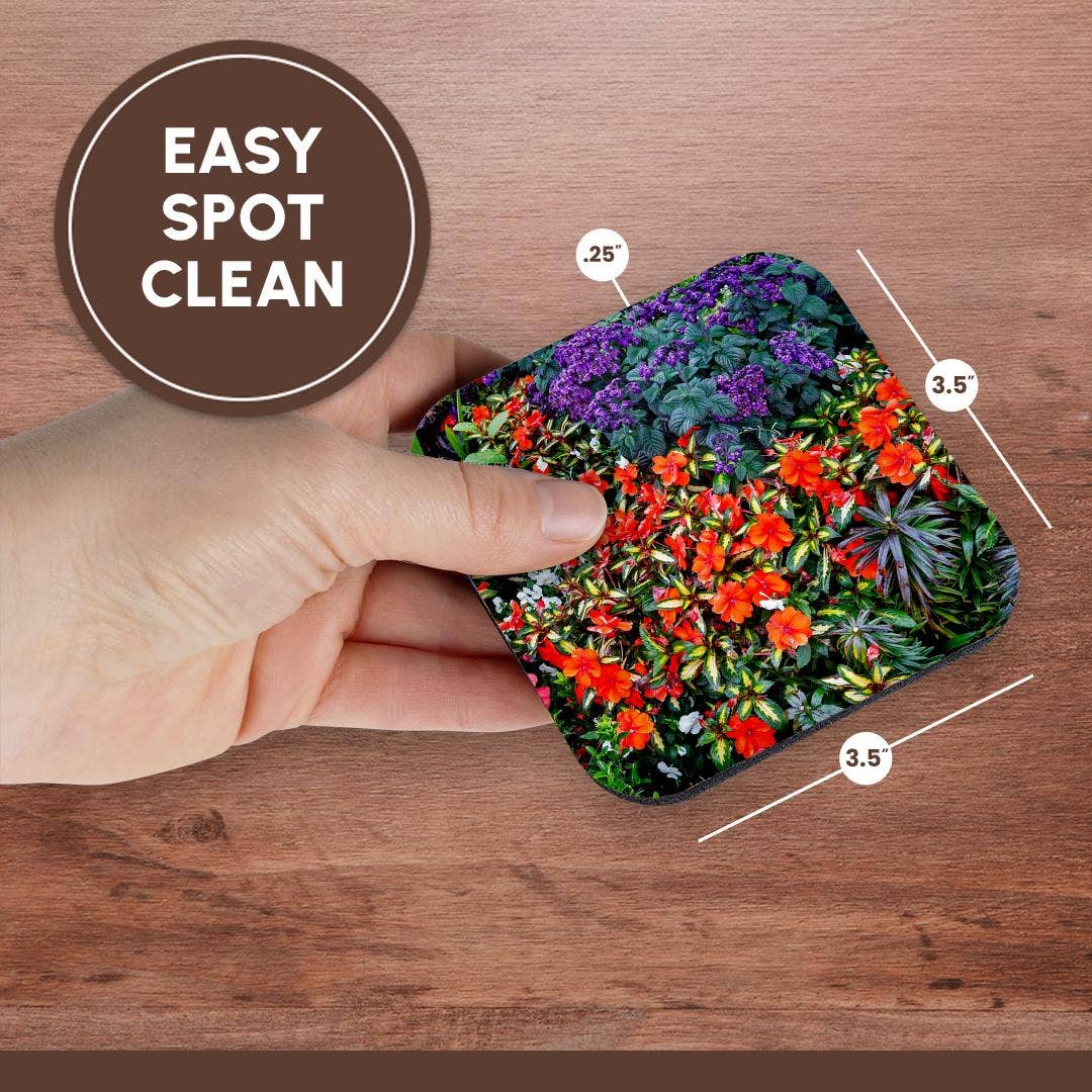 3dRose – wholesale Coasters – 3dRose, USA, Oregon. Cannon Beach Garden. Impatiens. Geraniums. Heliotrope 1., Coaster13