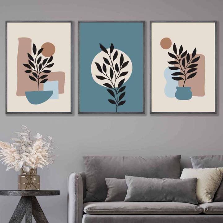 Botanical Set of 3 Boho Wall Art Prints in Blue and Brown for wholesale by Artze Wall Art