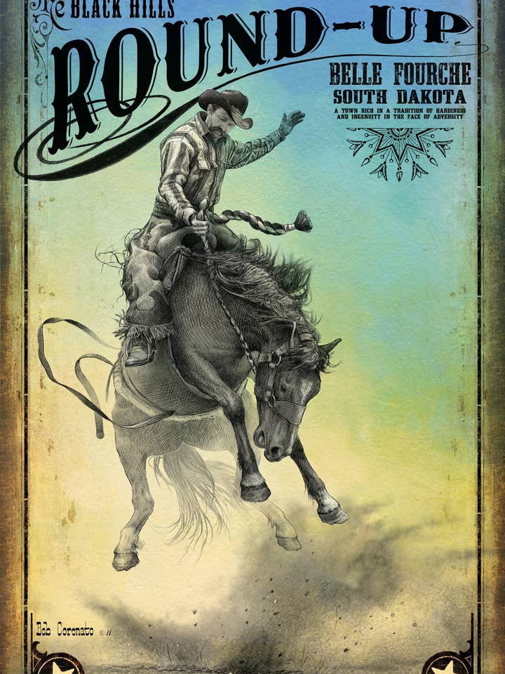 Belle Fourche, SD: Round Up - (Metallschild) Rodeo-Poster für den Großhandel von Black Hills Curio Co.-Bob Coronato Licensed Home Décor