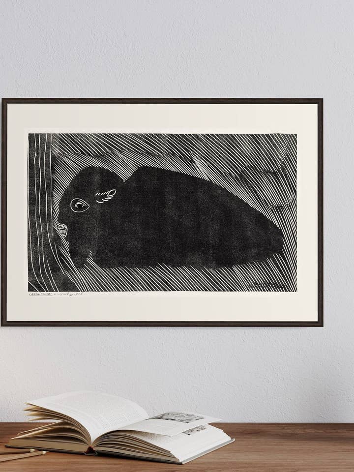 Bisonte acostado de Samuel Mesquita. Arte de pared A4, A3, A2. Impresión de arte de pared vintage. Estampado de linóleo, arte natural, medio ambiente, pájaros, regalo para el Día de la Madre para venta al por mayor de Gabrielle Dalsan