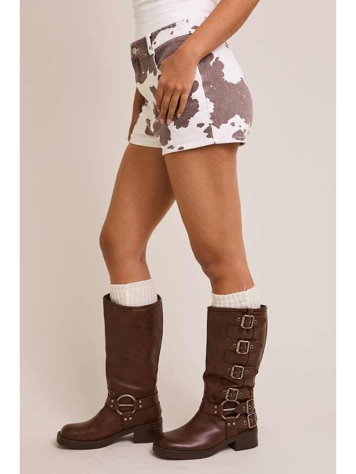 WHITE BROWN ANIMAL COW PRINT SHORTS for wholesale on Faire