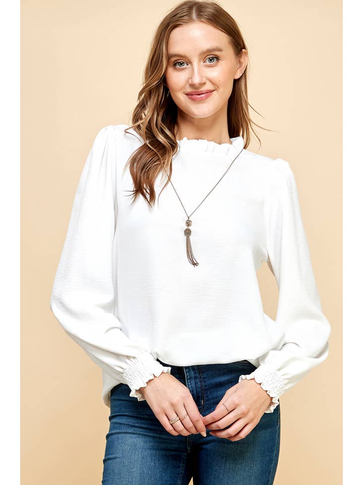 Off White Solid Top with Ruffled Neck and Smocked Sleeves. for wholesale on Faire1