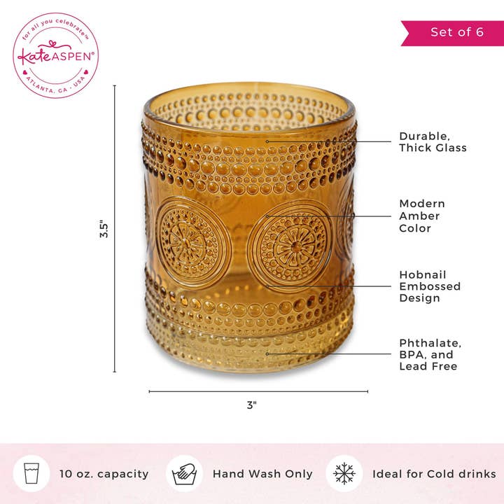 Kate Aspen – wholesale Cocktail/liquor glass – 10 oz. Hobnail Beaded Floral Amber Drinking Glasses (Set of5