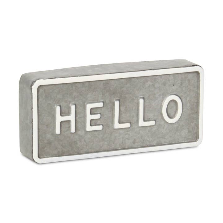 Sandevis Gray and White Metal "Hello" Table Sign for wholesale by Cheungs Home Decor