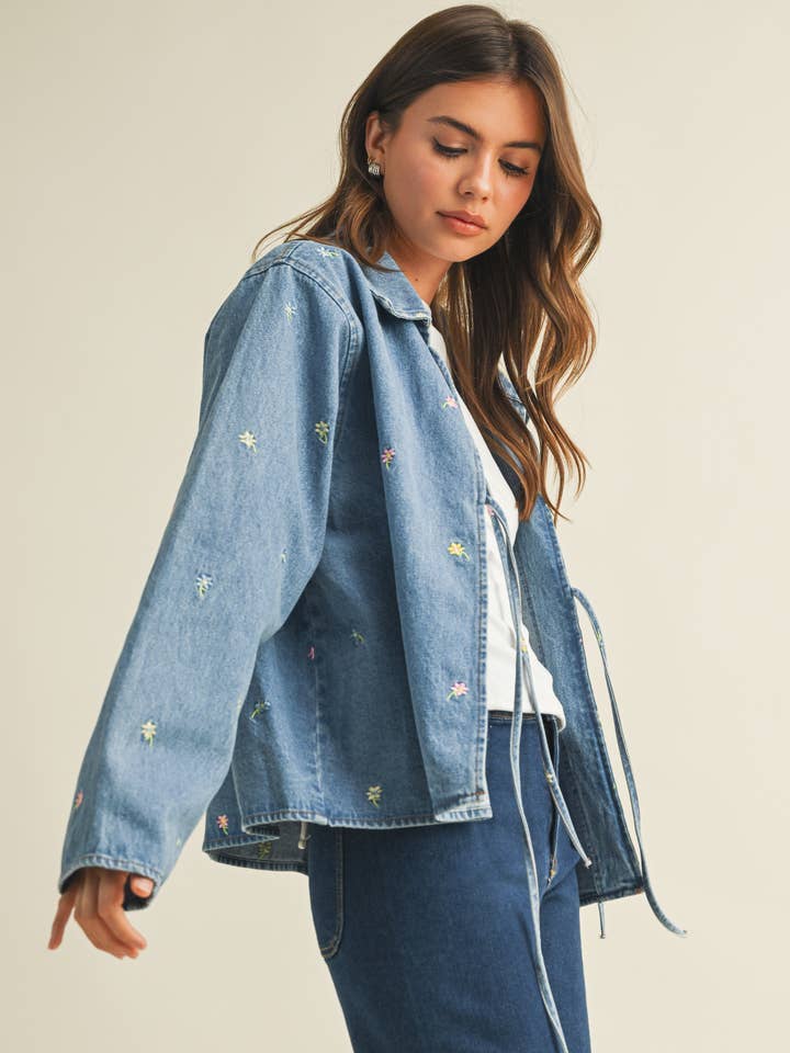 IJ1556-B FLORAL EMBROIDERED DENIM FRONT TIE LONG SLEEVE JACK for wholesale by Klesis