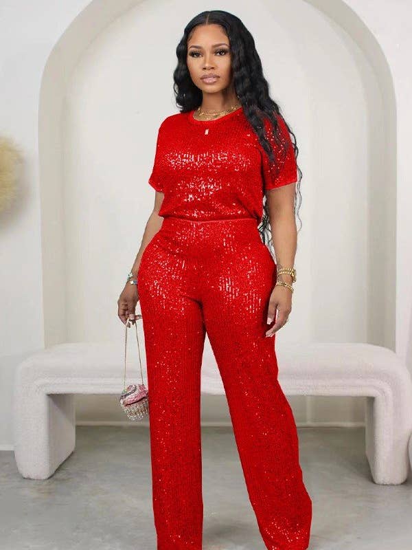 Aria Romance - Wholesale Top & Pant Set (NOT Loungewear) - Women's - Sequin solid color short-sleeved pants two-piece set