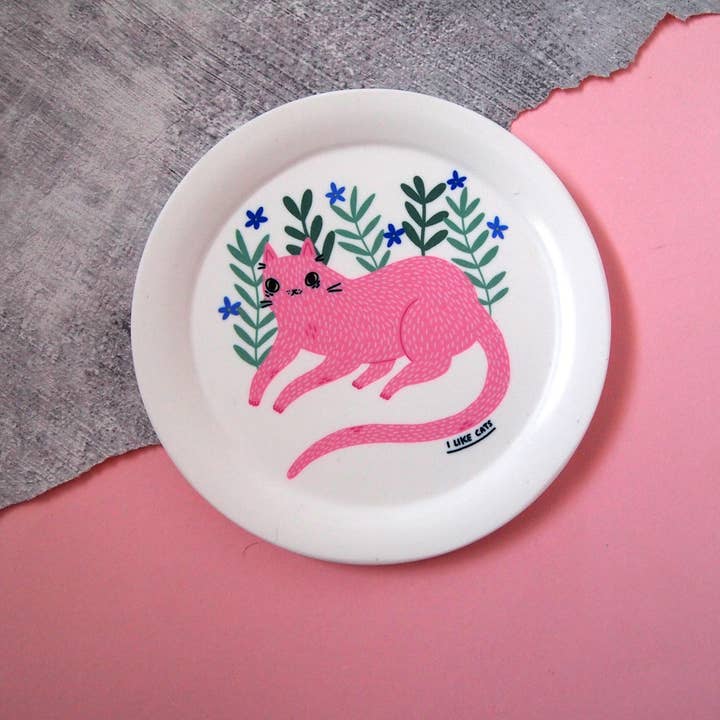 Pink cat illustrated trinket dish, ring dish, coaster tray for wholesale by I LIKE CATS