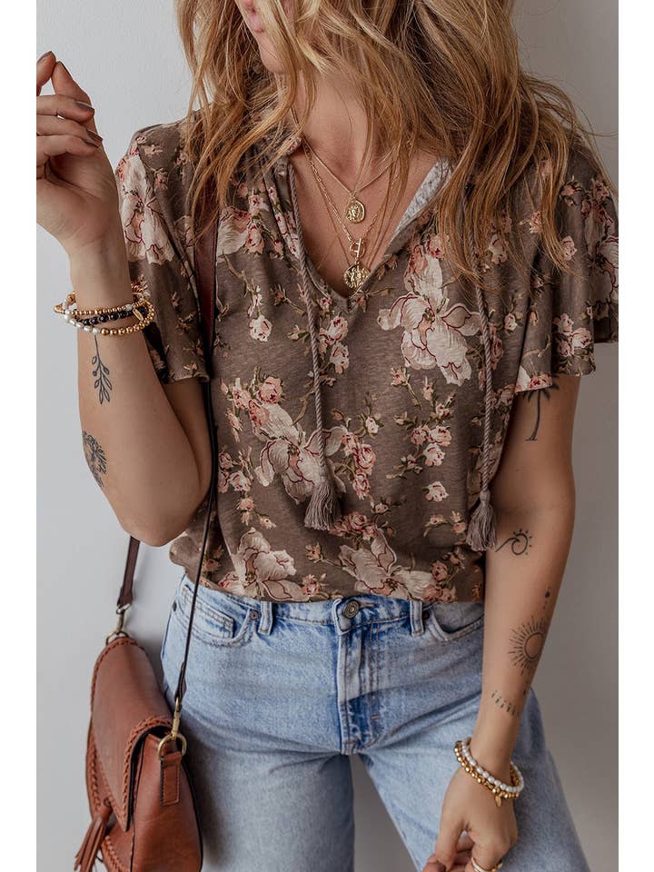 Khaki Retro Floral Print Tassel Tie Split Neck Short Sleeve Blouse for wholesale on Faire