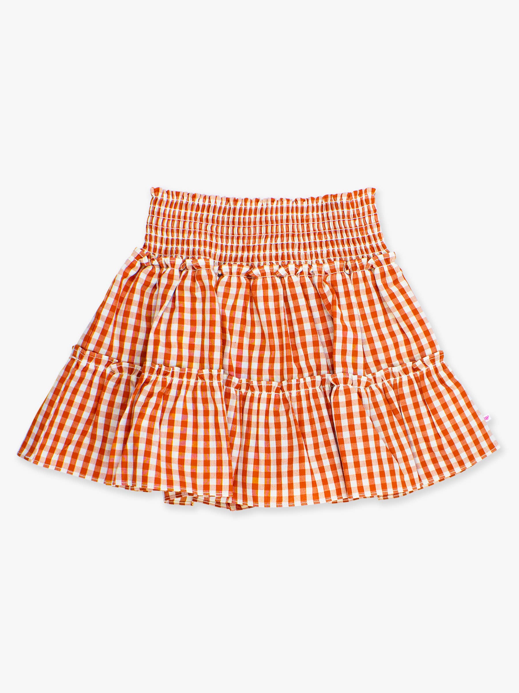 Orange Girls Classic Rust Gingham Smocked Twirl Skirt for wholesale on Faire4