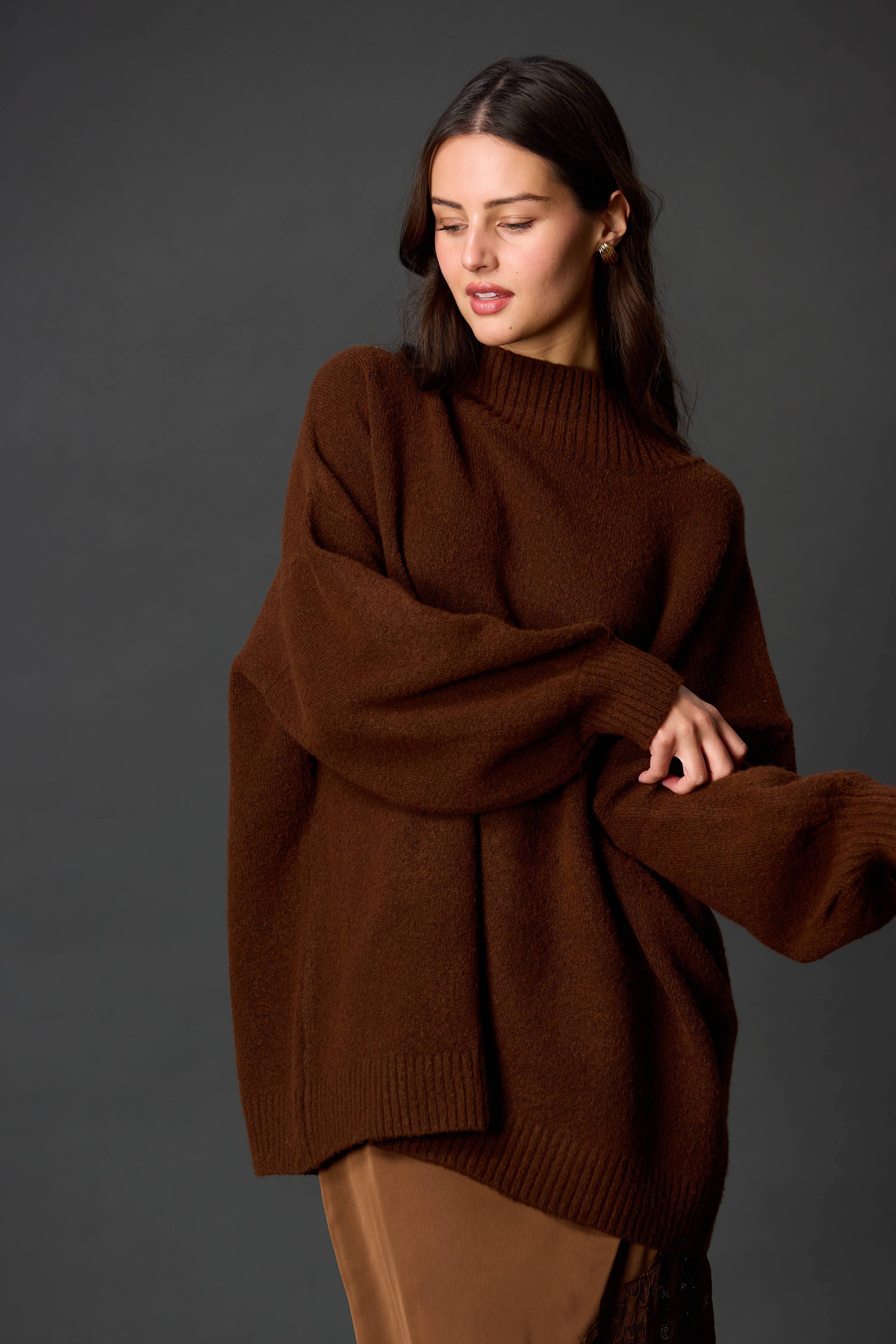 Maroon Knit Ribbed Funnel Neck Oversized Pullover for wholesale on Faire6